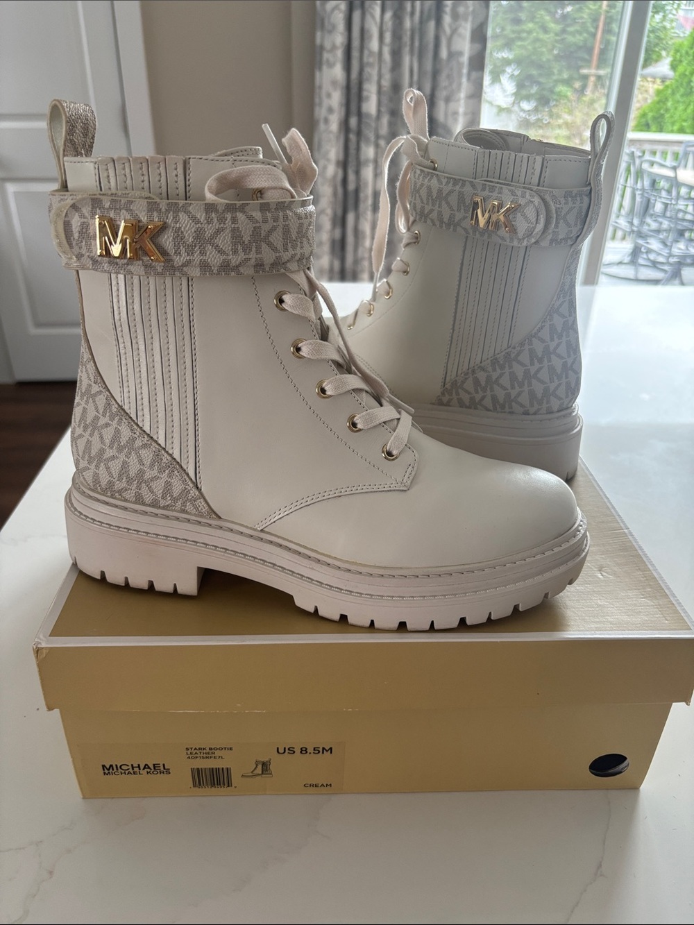 Michael Kors Cream Lace-Up Logo Combat Boots with Gold MK Hardware